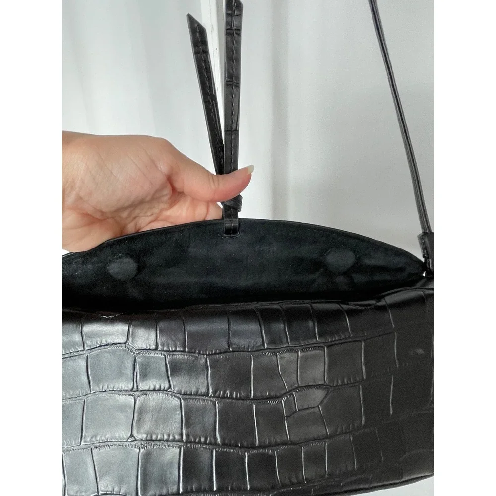 Staud Felix Shoulder Bag Womens Small Black Excellent Croc Embossed Leather